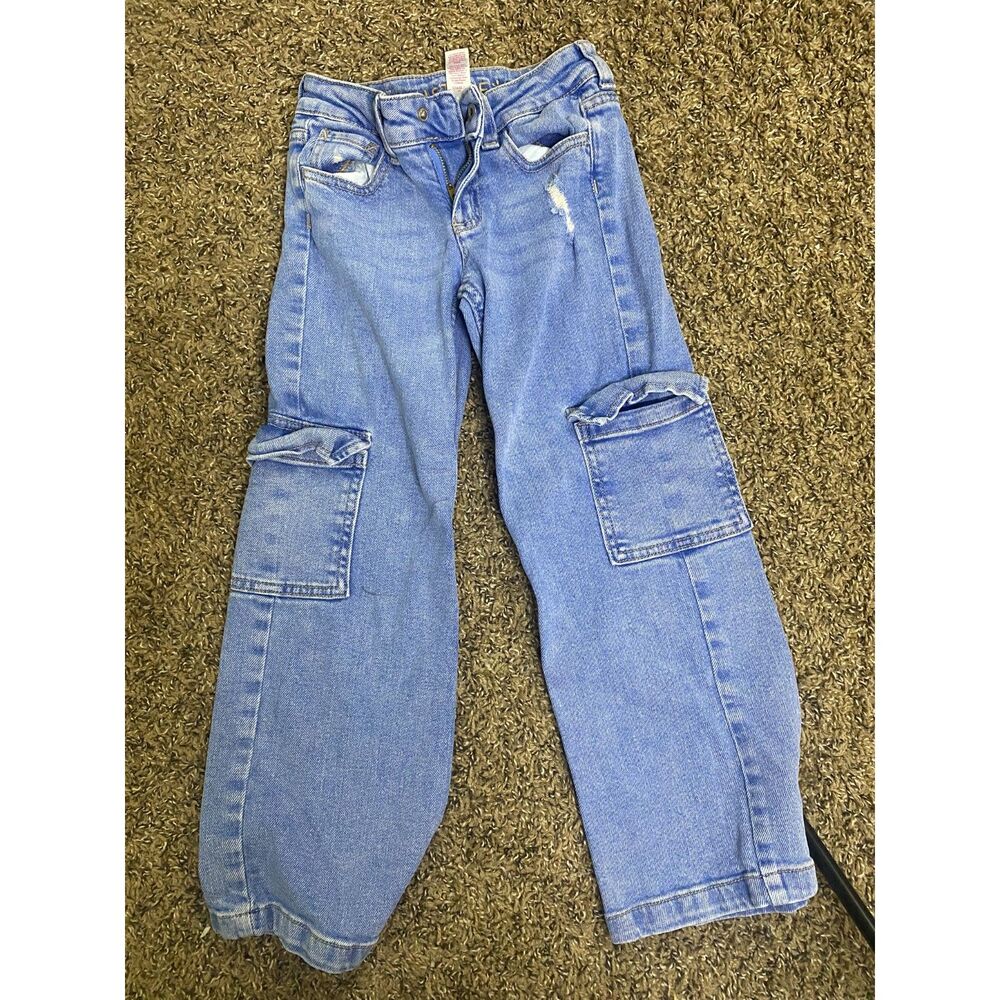 Justice Size 6 Girls Light Wash Cargo Denim Pants Distressed Pockets
